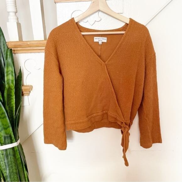 Texture & Thread by Madewell Orange Long Sleeve Side Tie Cotton Wrap Top Size S - Picture 2 of 7